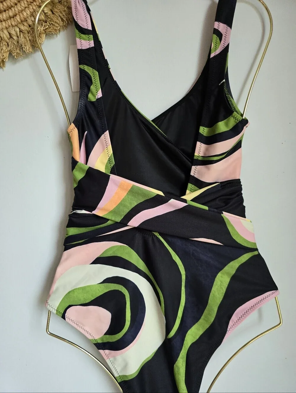Revolve Hutch NEW Marco Wrap One Piece Swimsuit Green Abstract Swirl SZ XS Beach